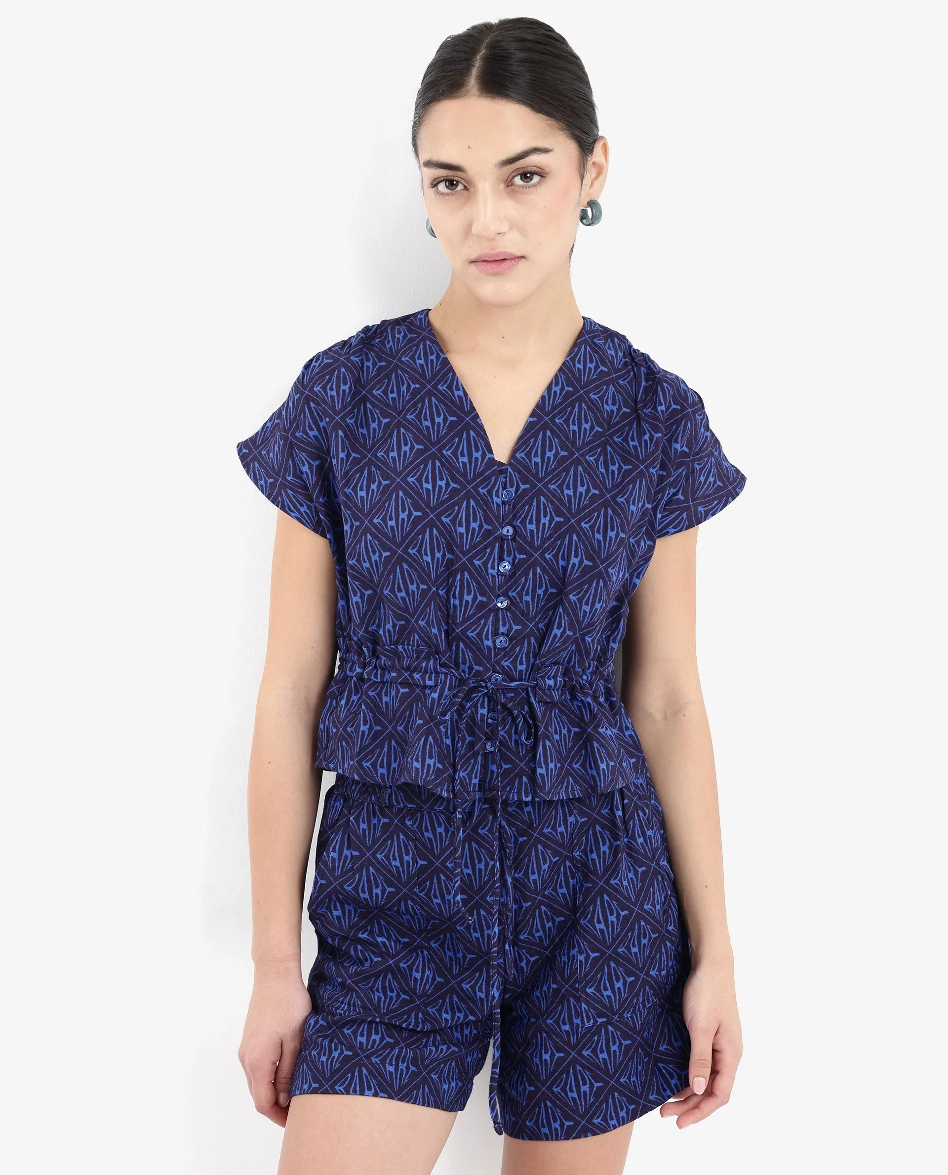 Rareism Women Bolgan Dark Blue Extended Sleeves V-Neck Button Monogram Print Cropped Top