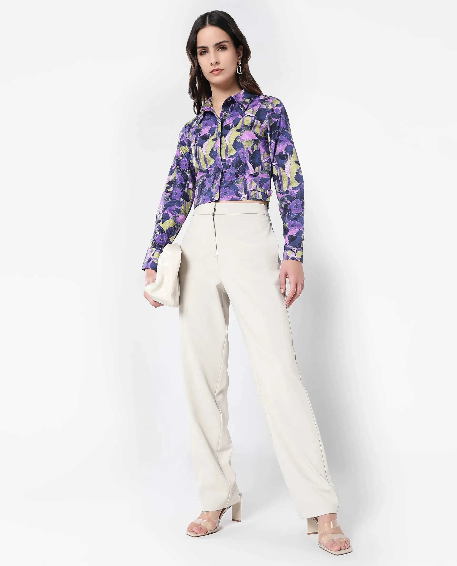 Rareism Women Gistero Multi Cuffed Sleeve Collared Neck Button Closure Cropped Printed Top