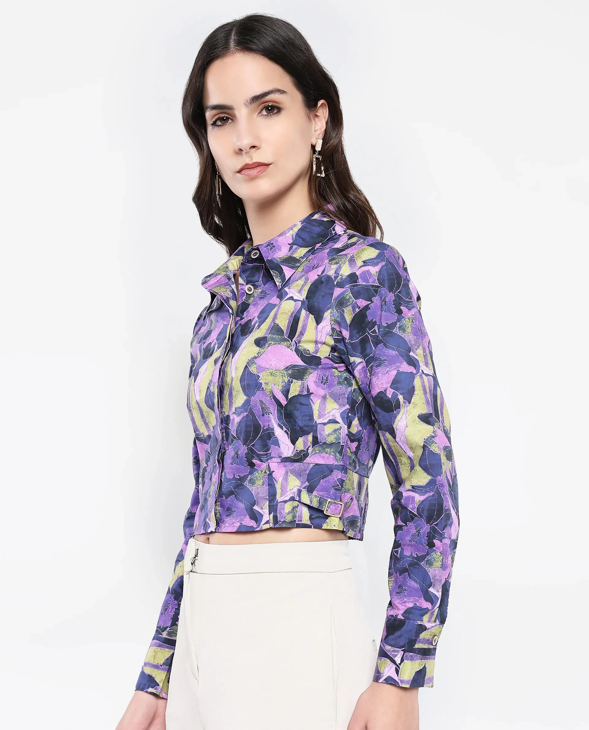 Rareism Women Gistero Multi Cuffed Sleeve Collared Neck Button Closure Cropped Printed Top