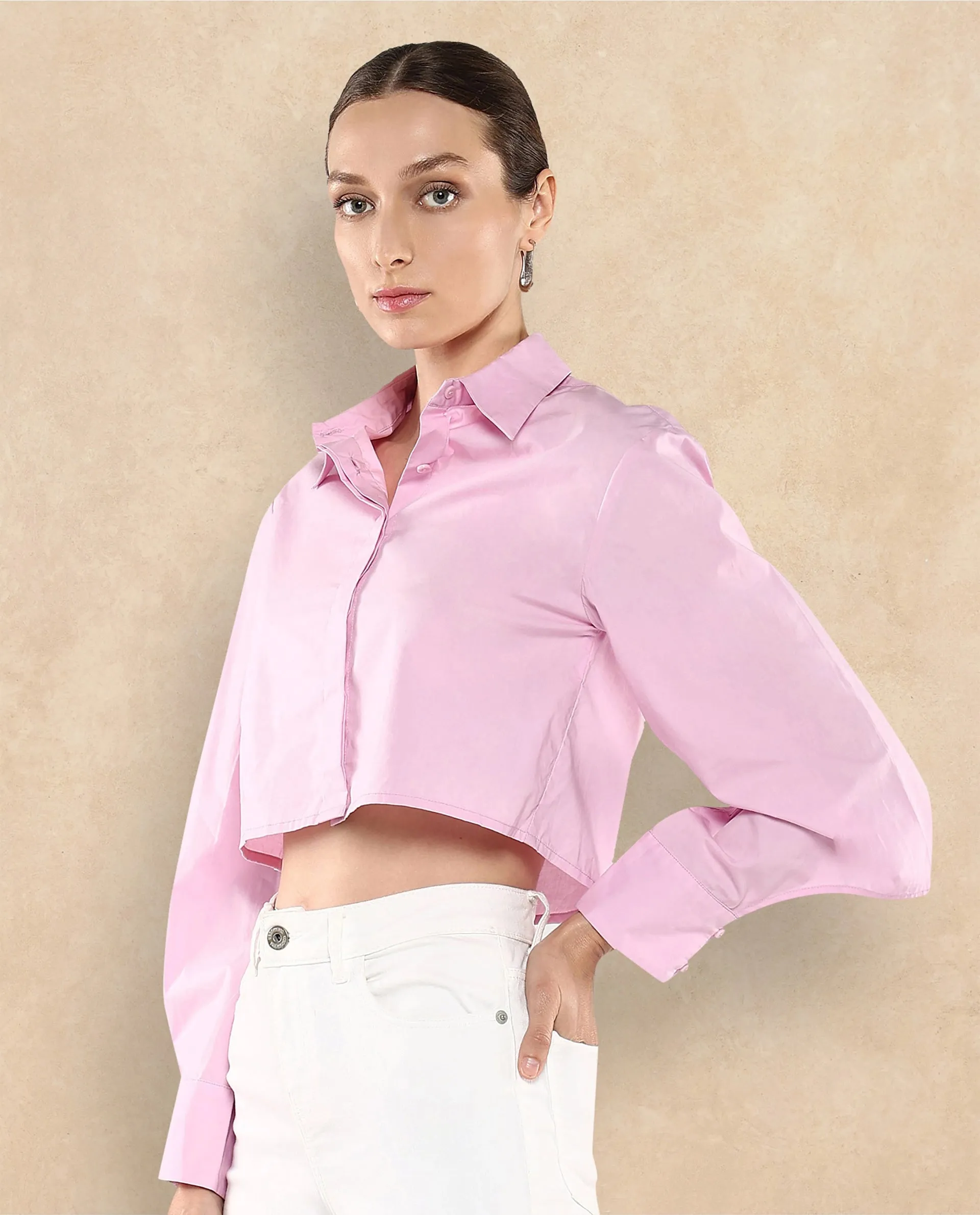 Rareism Women Grieropo Pink Fashion Sleeve Collared Neck Plain Top