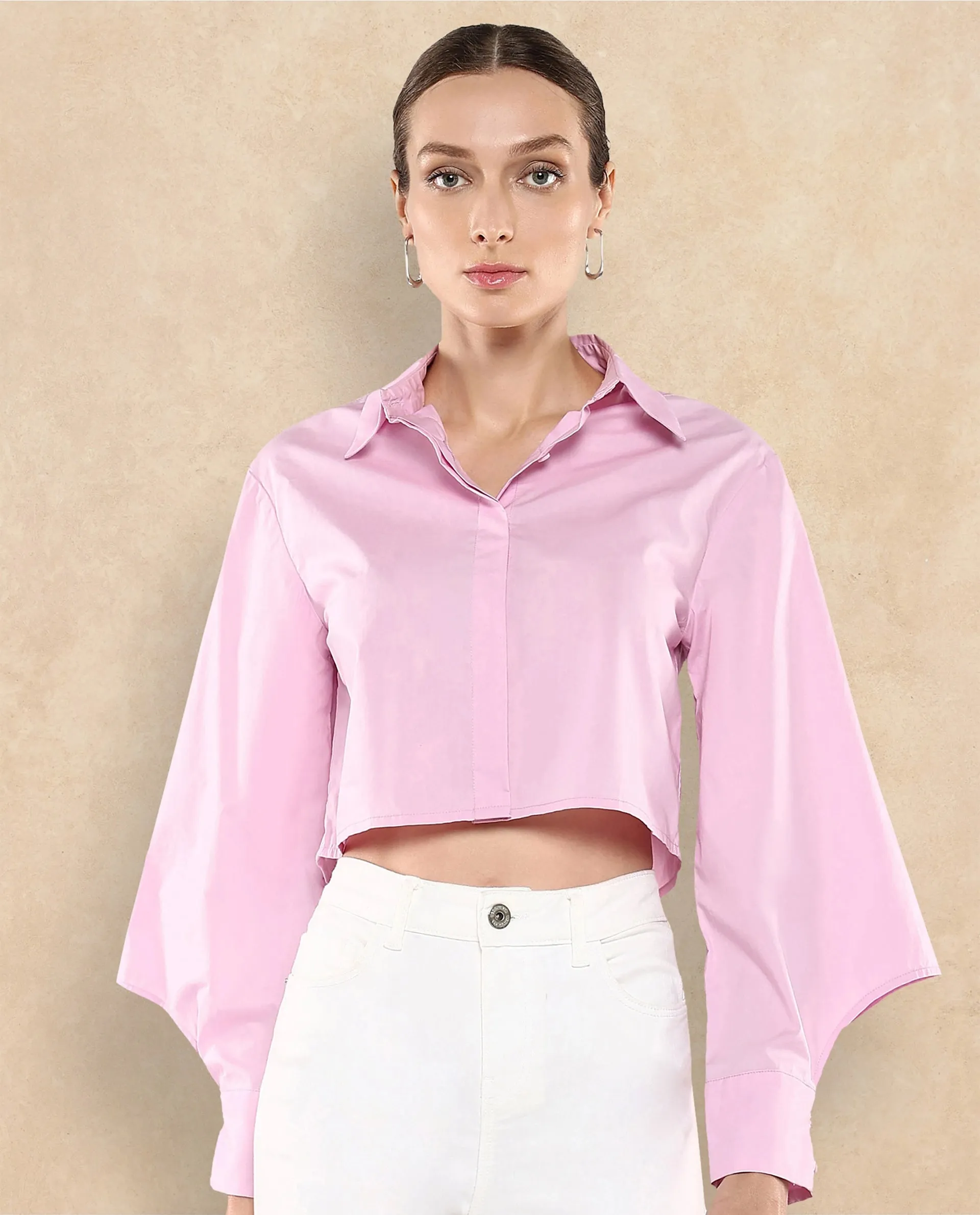 Rareism Women Grieropo Pink Fashion Sleeve Collared Neck Plain Top