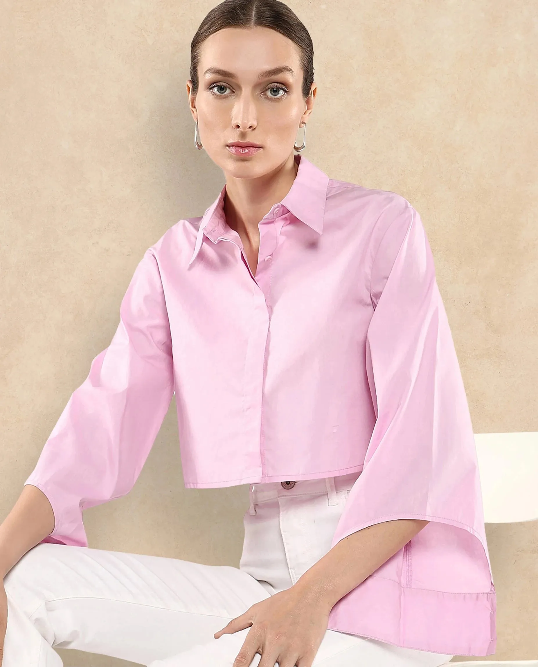 Rareism Women Grieropo Pink Fashion Sleeve Collared Neck Plain Top