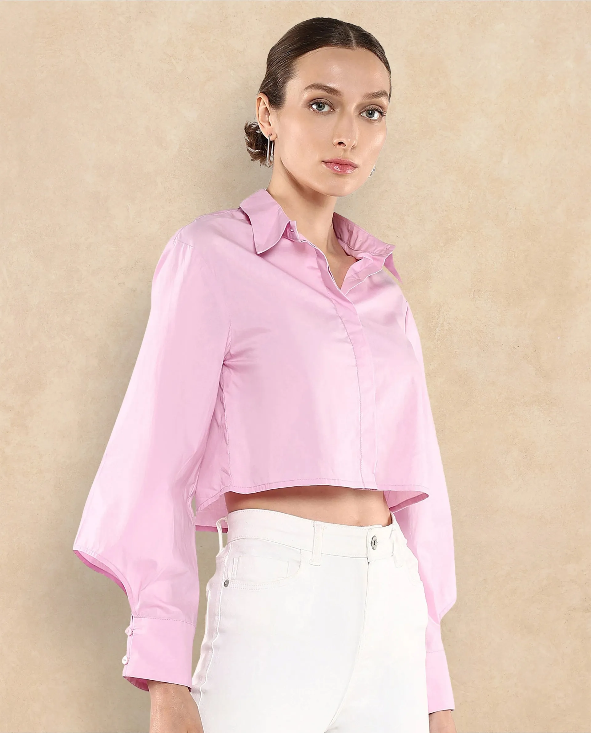 Rareism Women Grieropo Pink Fashion Sleeve Collared Neck Plain Top