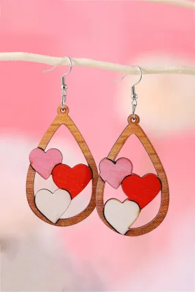 Red Valentines 3 Hearts Insert Water Drop Earrings