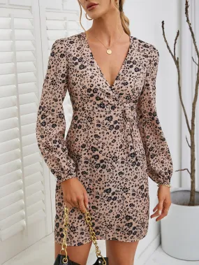 Romantic Floral Knot Long Sleeve Deep V Neck Straight High Waist Short Dress