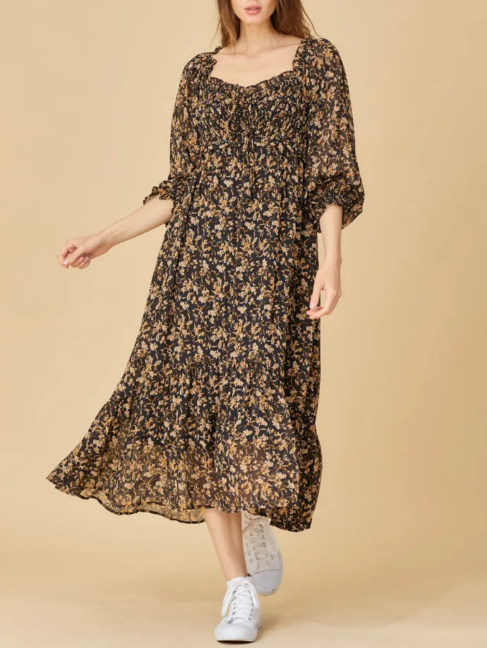 romantic floral midi dress - black