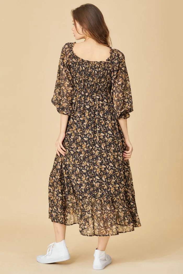 romantic floral midi dress - black