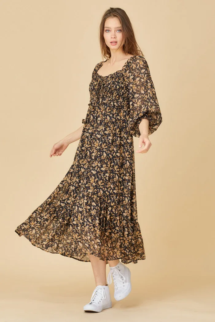 romantic floral midi dress - black