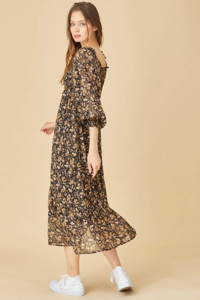 romantic floral midi dress - black