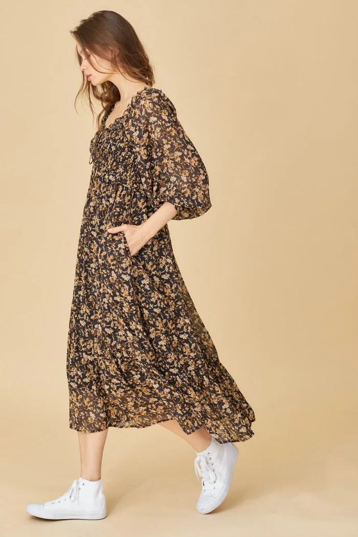 romantic floral midi dress - black