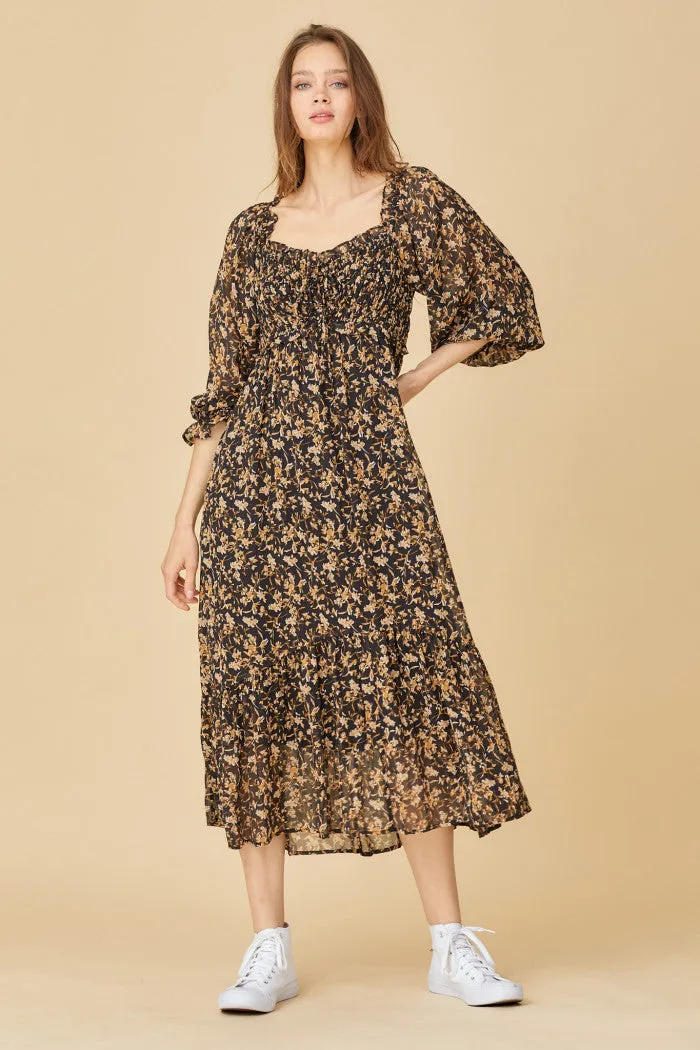 romantic floral midi dress - black