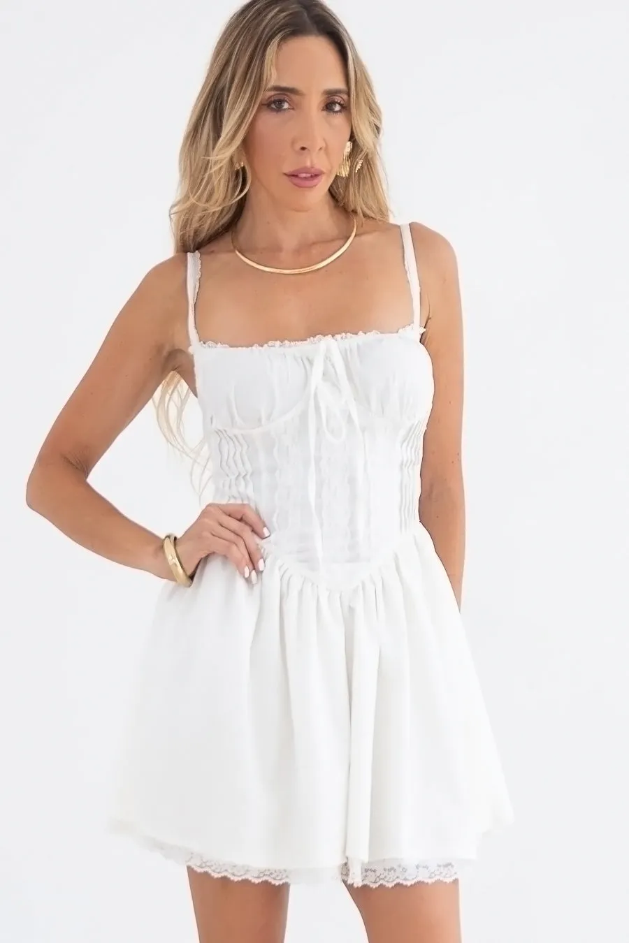 Romantic Lace Flare Mini Dress - White