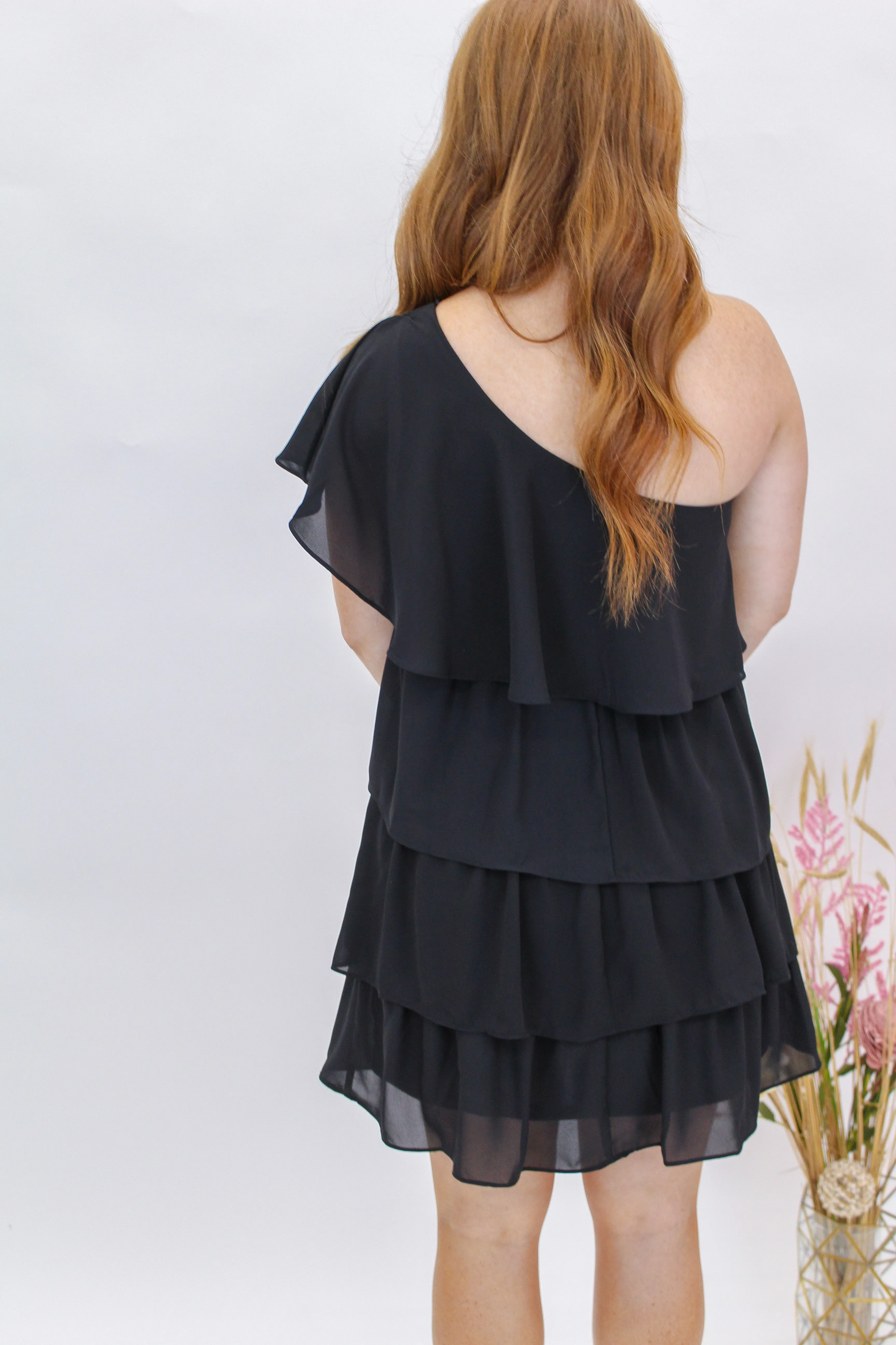 Romantic One Shoulder Ruffled Mini Dress- Black