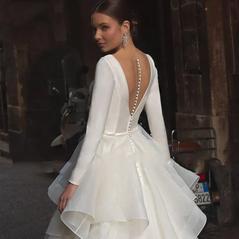 Romantic V-Neck Long Sleeve Ruffles Beach Wedding Dress