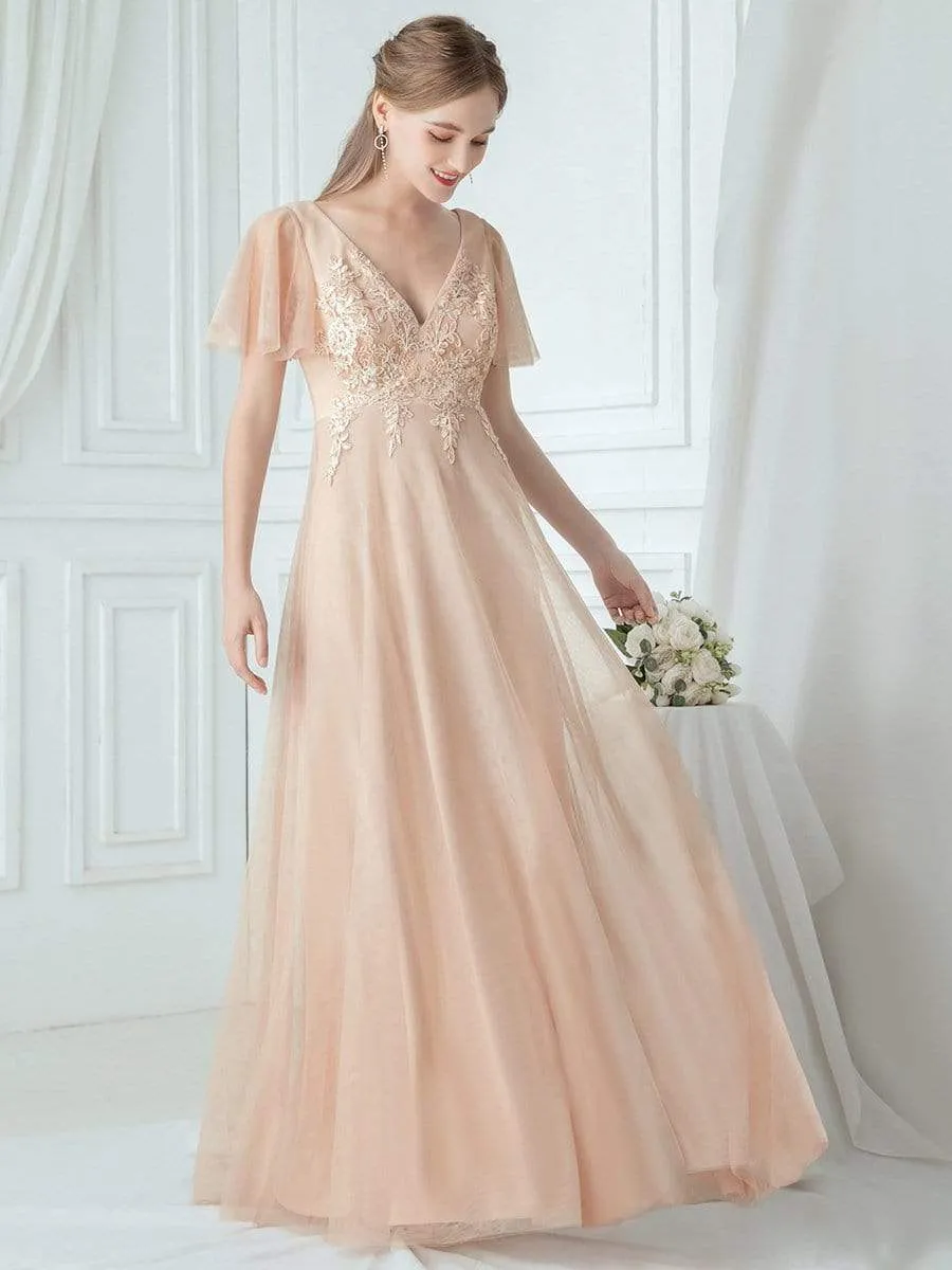 Rommantic A-Line Embroidered Bridesmaid Dress with Ruffle Sleeve