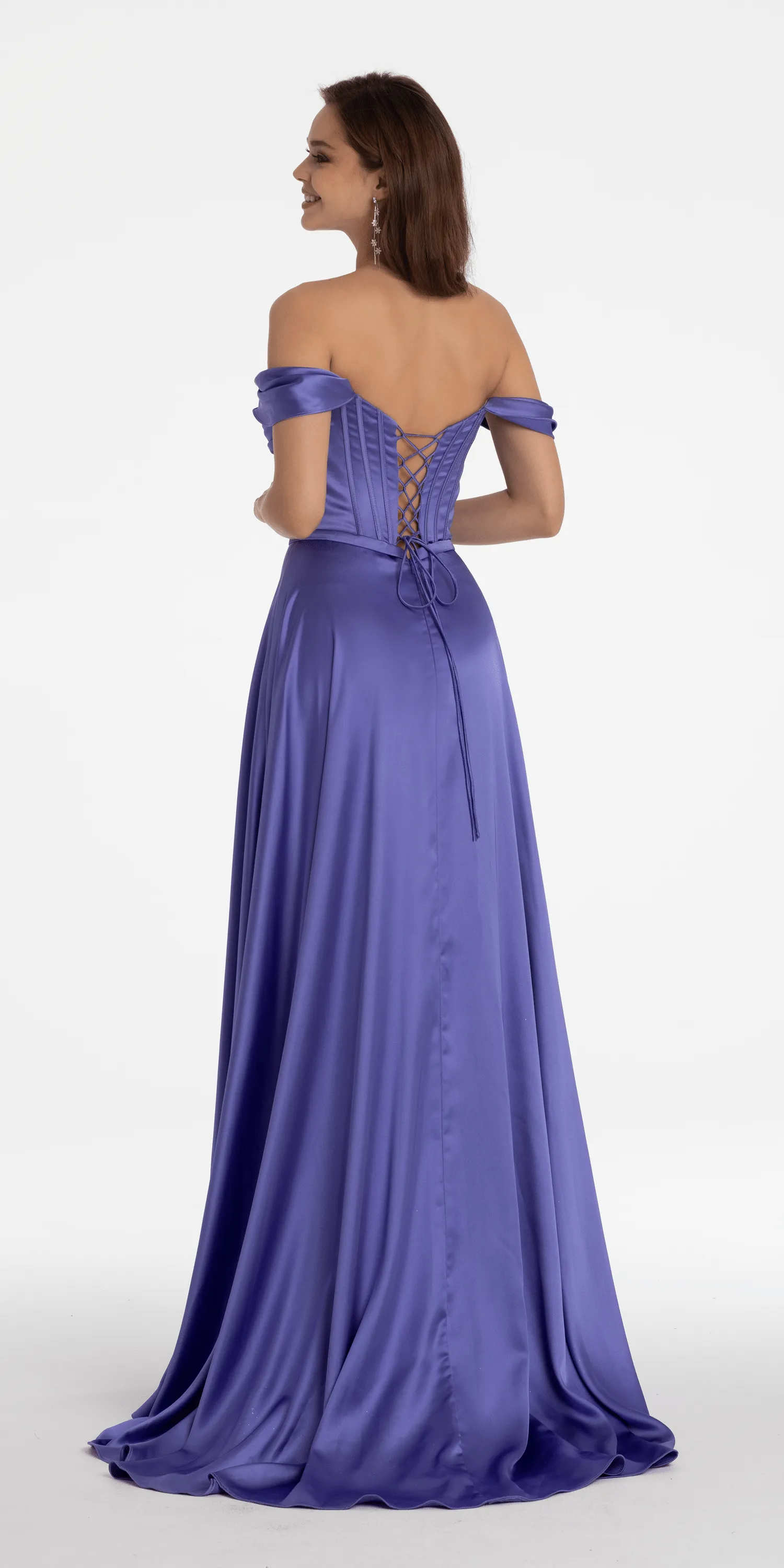 Satin Off the Shoulder Corset Ballgown with Rhinestone Edging