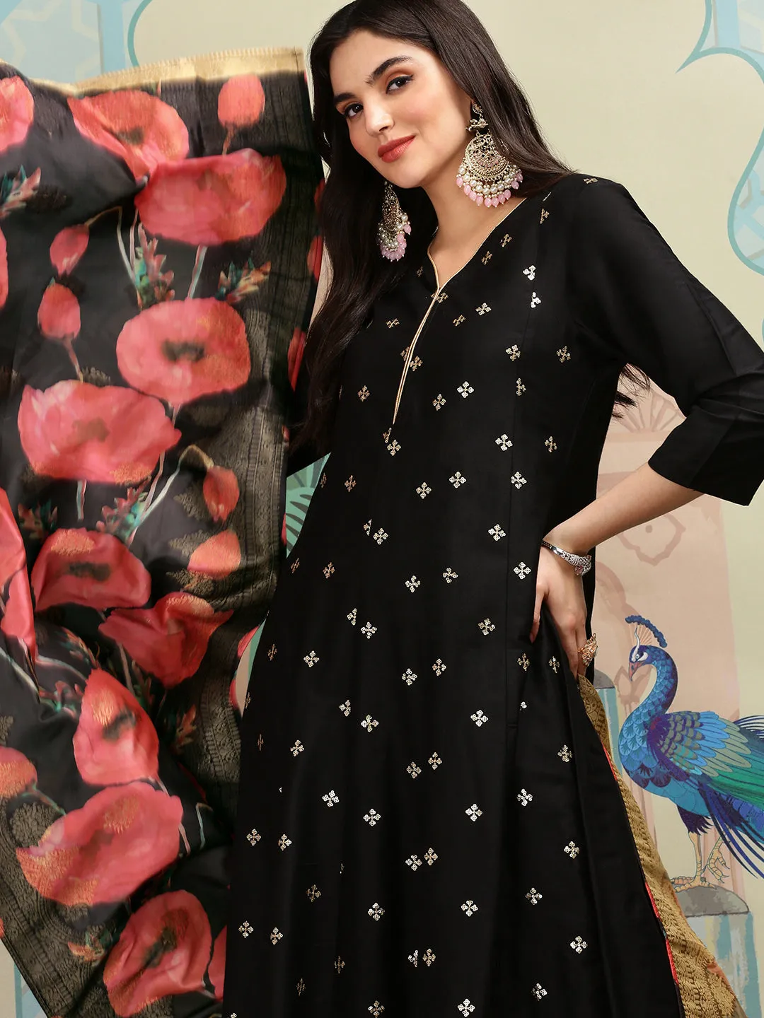 Silk Blend Zari Embroidered Black A-Line Kurta Set with Straight Bottom and Printed Brocade Dupatta