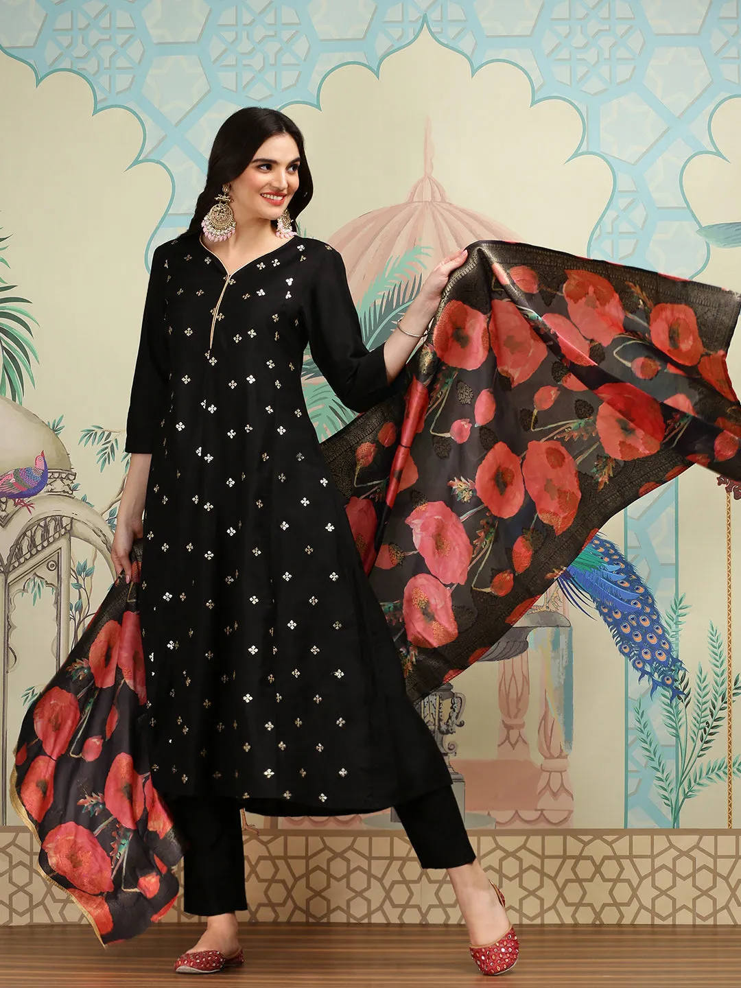 Silk Blend Zari Embroidered Black A-Line Kurta Set with Straight Bottom and Printed Brocade Dupatta