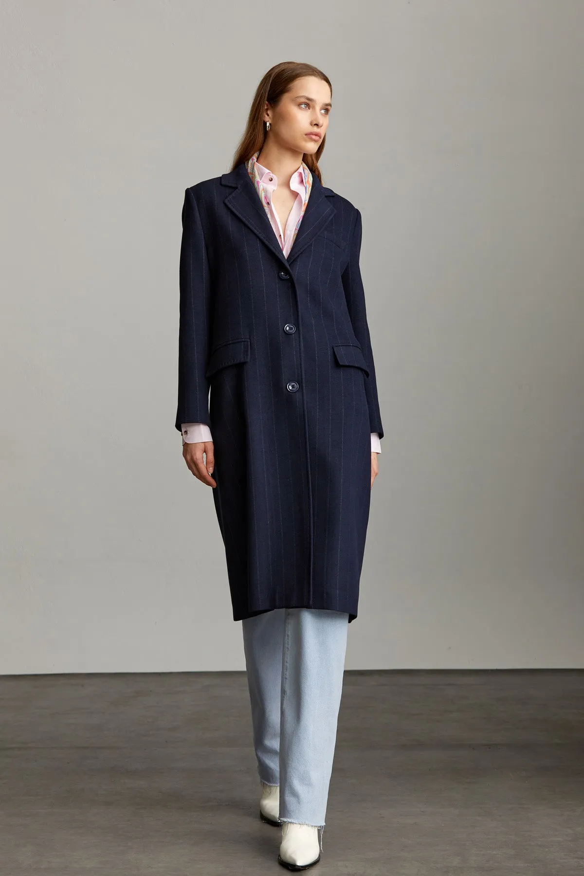 Slim Fit Isabella Striped Notch Lapel Navy Coat