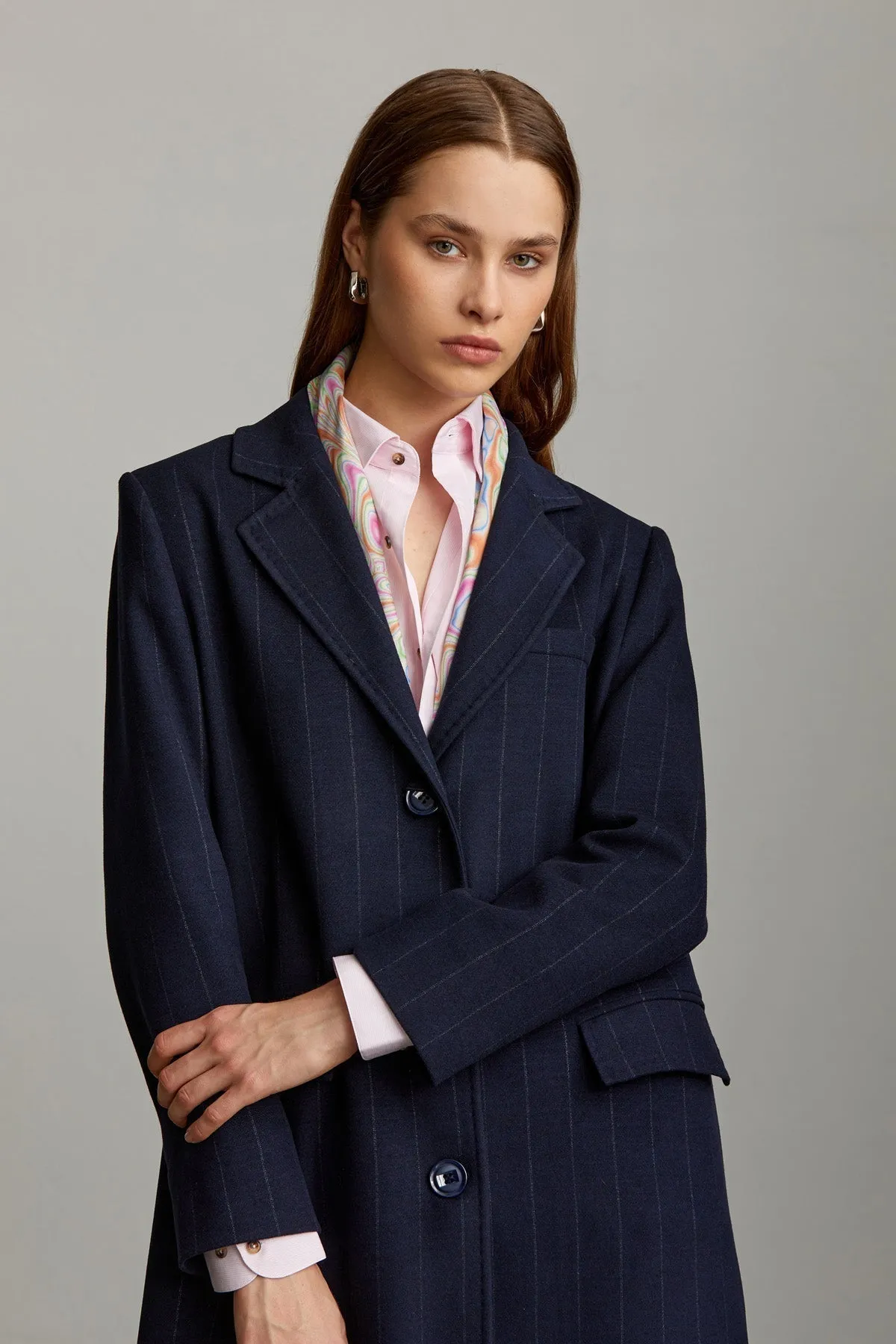 Slim Fit Isabella Striped Notch Lapel Navy Coat