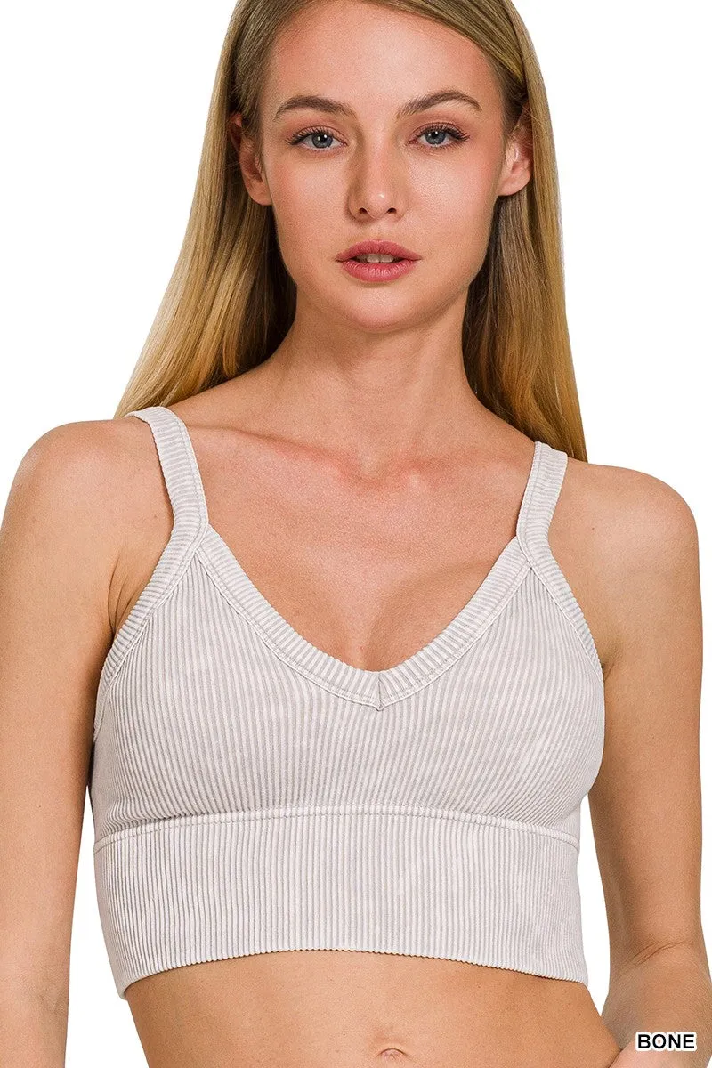 Stone Washed V-Neck Seamless Cropped Bra Top