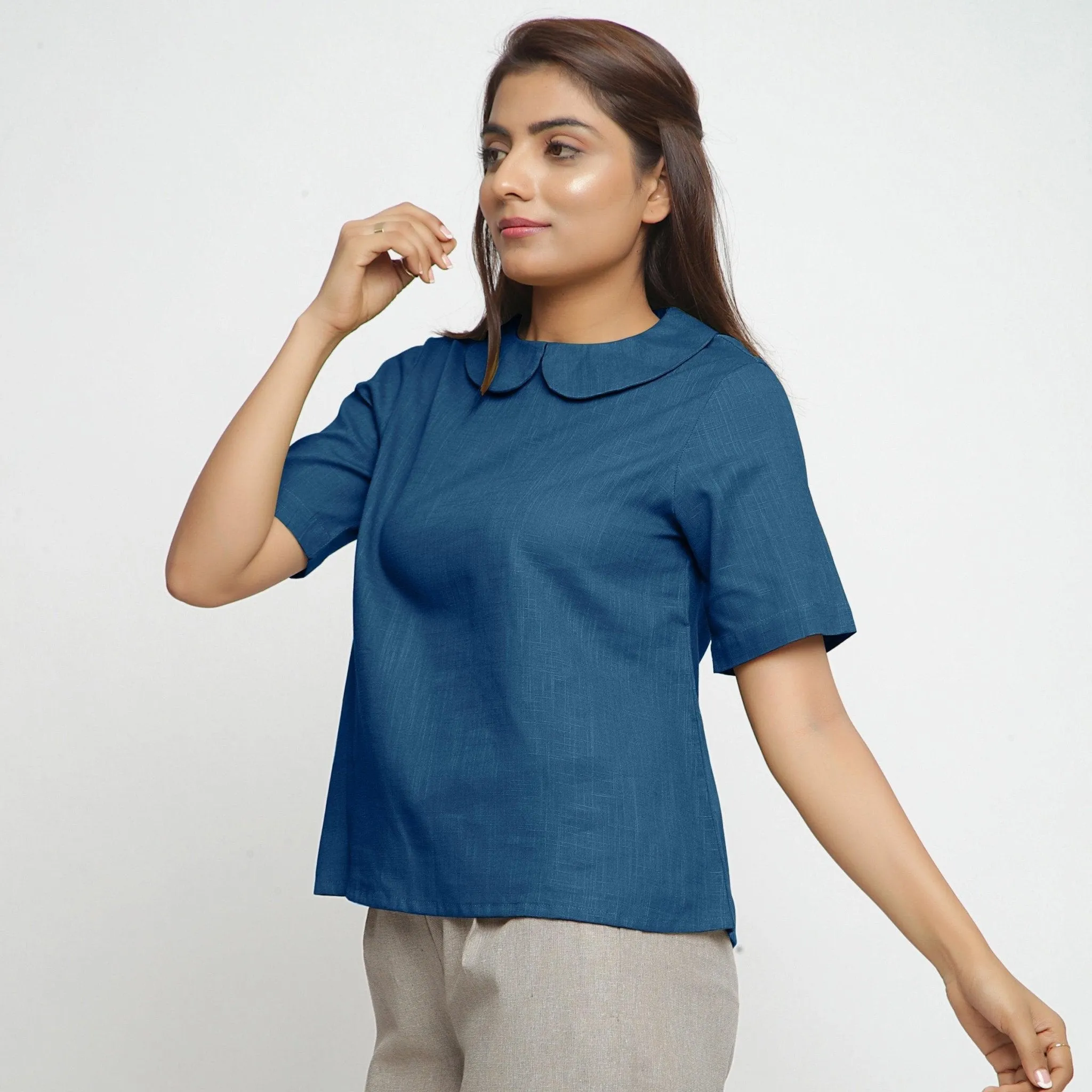 Teal 100% Cotton Essential Peter Pan Collar Top