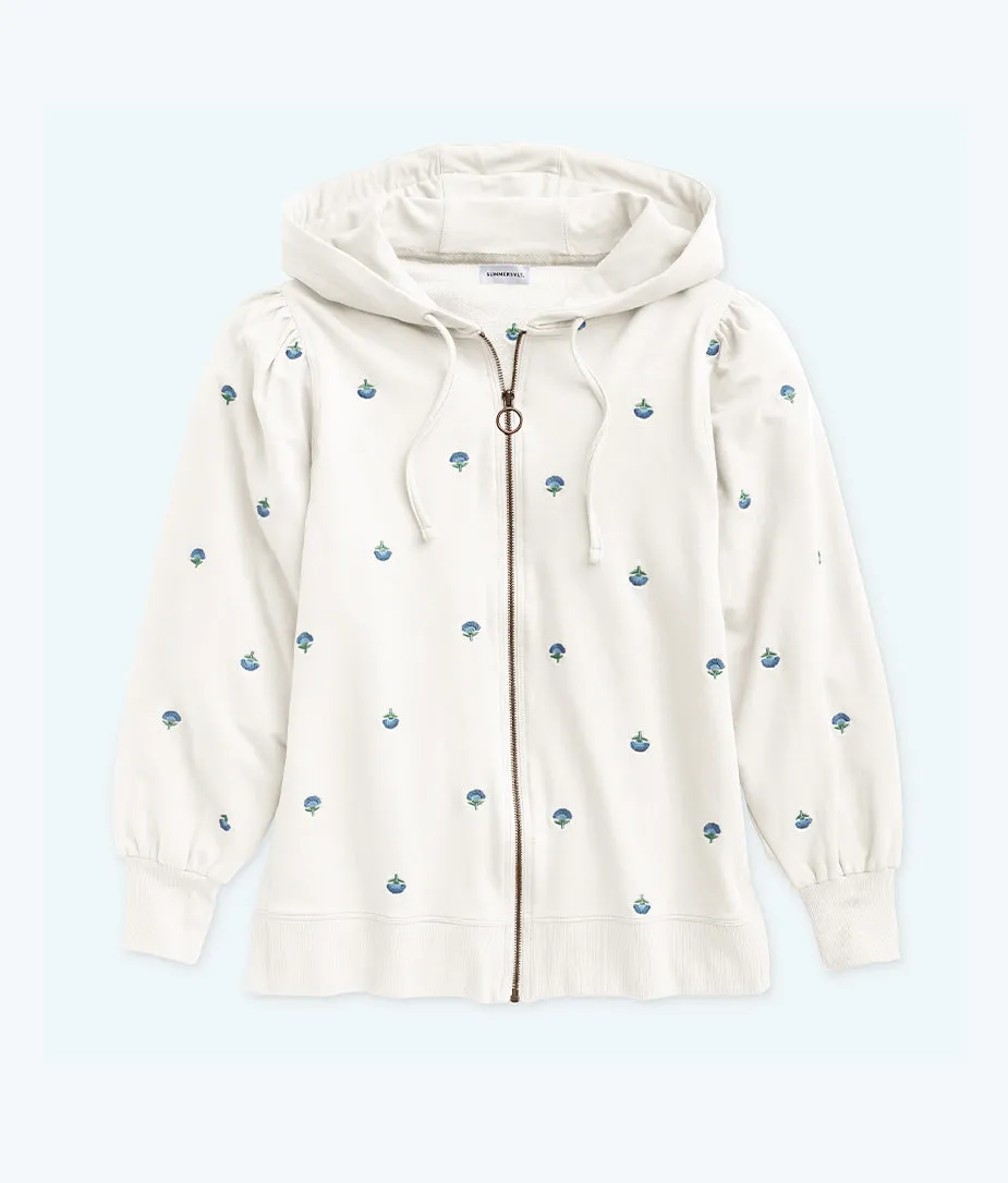 The Softest French Terry Puff-Sleeve Hoodie - White Sand Floral Stitch