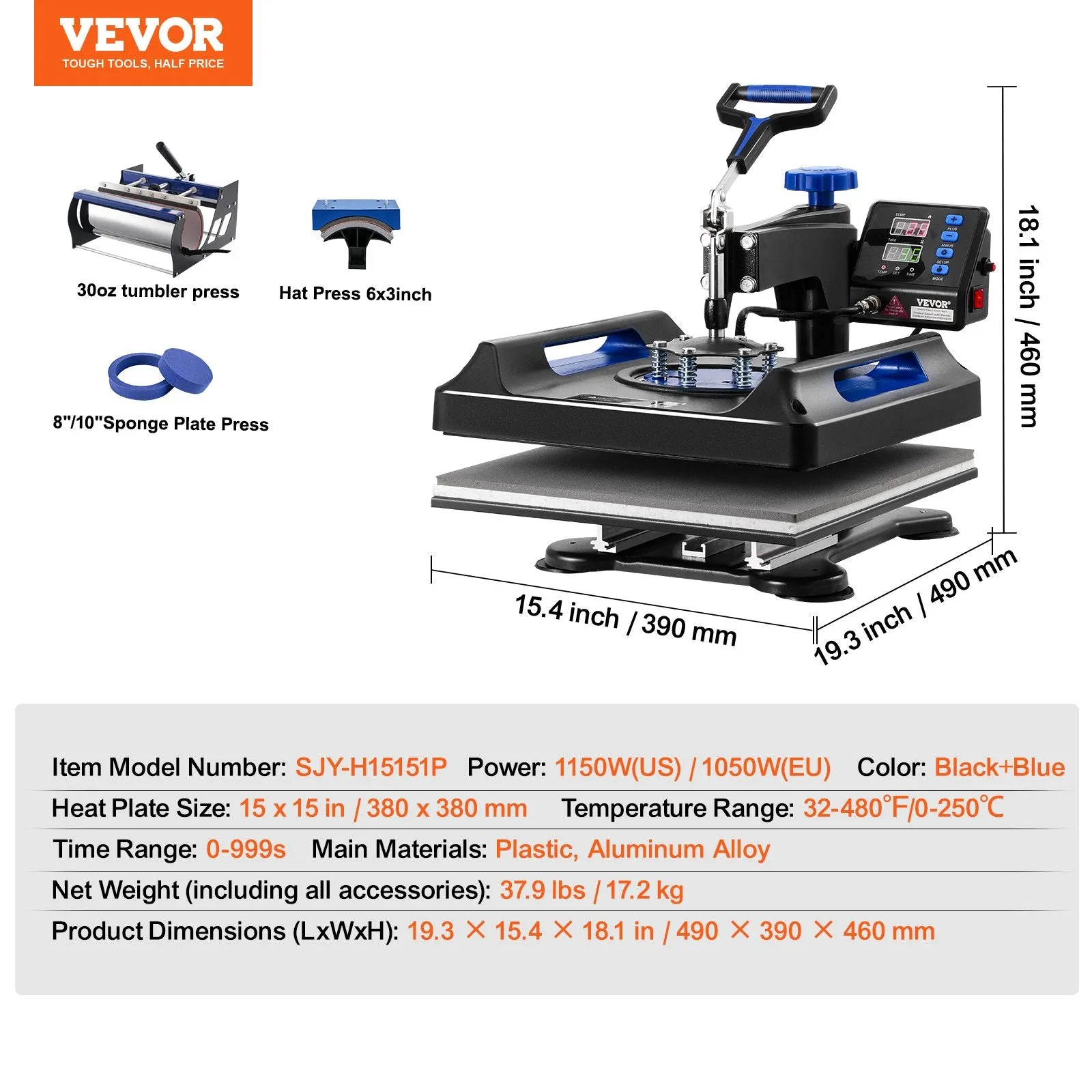 Vevor Heat Press 5-in-1 Machine 15" x 15" with 30oz Tumbler Press Black/Blue New