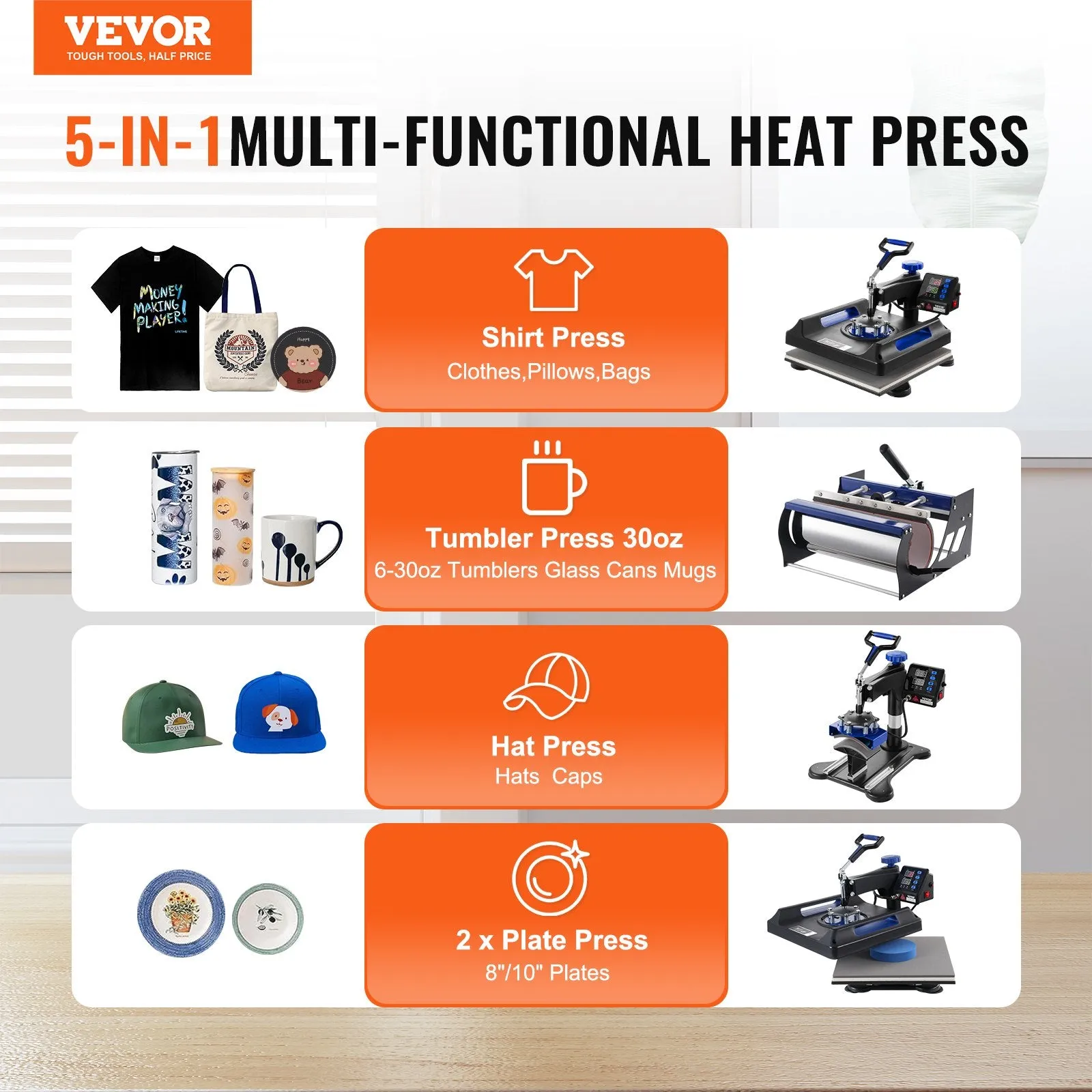 Vevor Heat Press 5-in-1 Machine 15" x 15" with 30oz Tumbler Press Black/Blue New