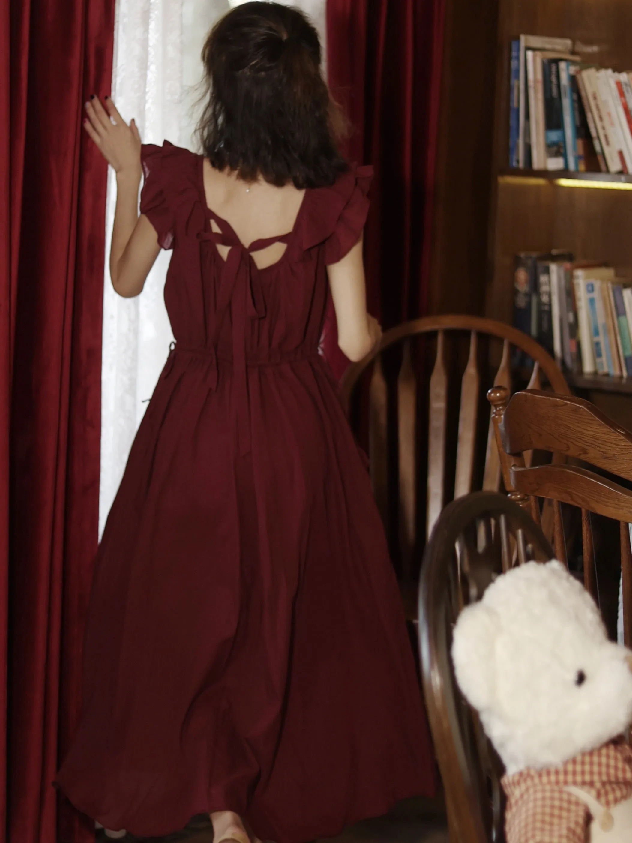 Vintage Round Neck Romantic Burgundy Dress