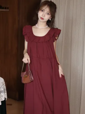 Vintage Round Neck Romantic Burgundy Dress