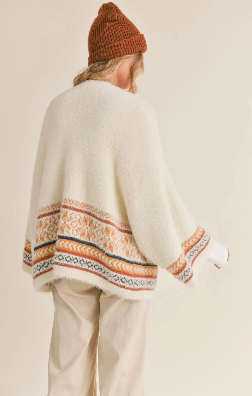 WARM UP FAIR ISLE FUZZY CARDIGAN