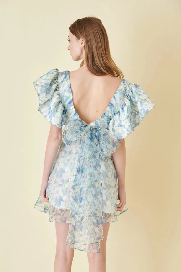 Watercolor Floral Organza Bow Tie Mini DRESS