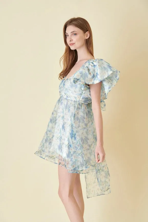 Watercolor Floral Organza Bow Tie Mini DRESS