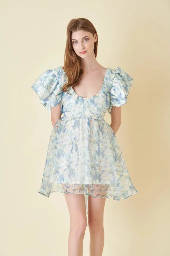 Watercolor Floral Organza Bow Tie Mini DRESS