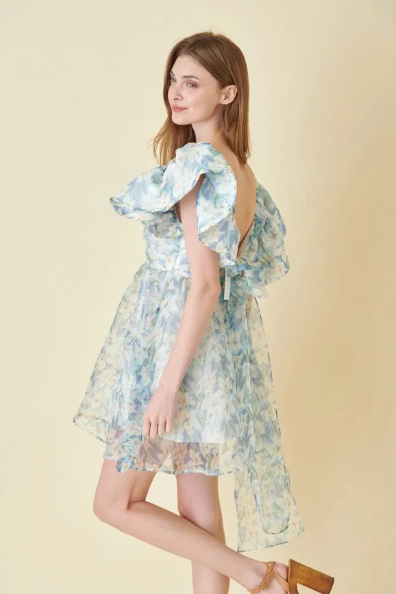 Watercolor Floral Organza Bow Tie Mini DRESS