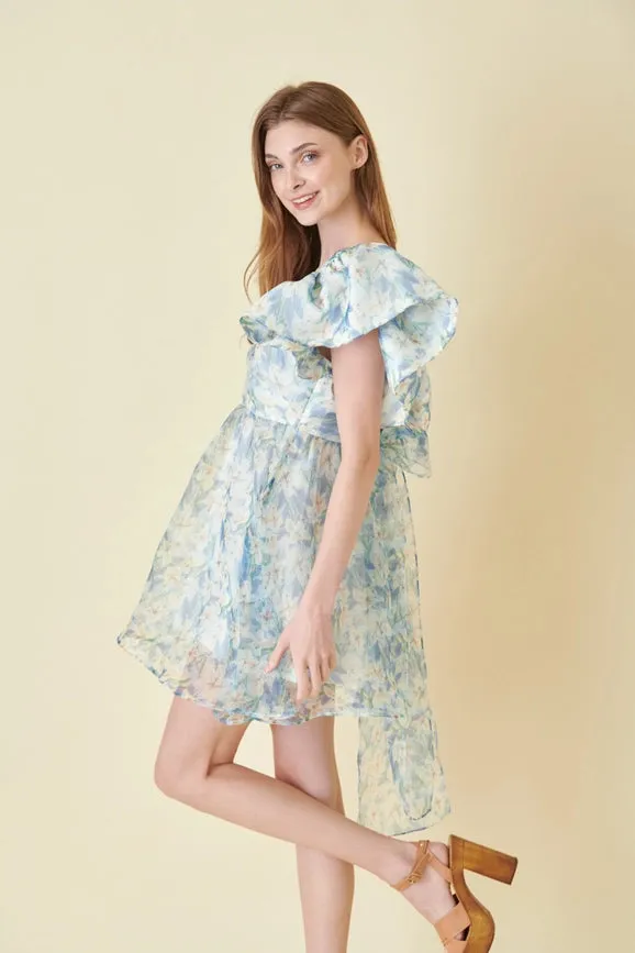 Watercolor Floral Organza Bow Tie Mini DRESS