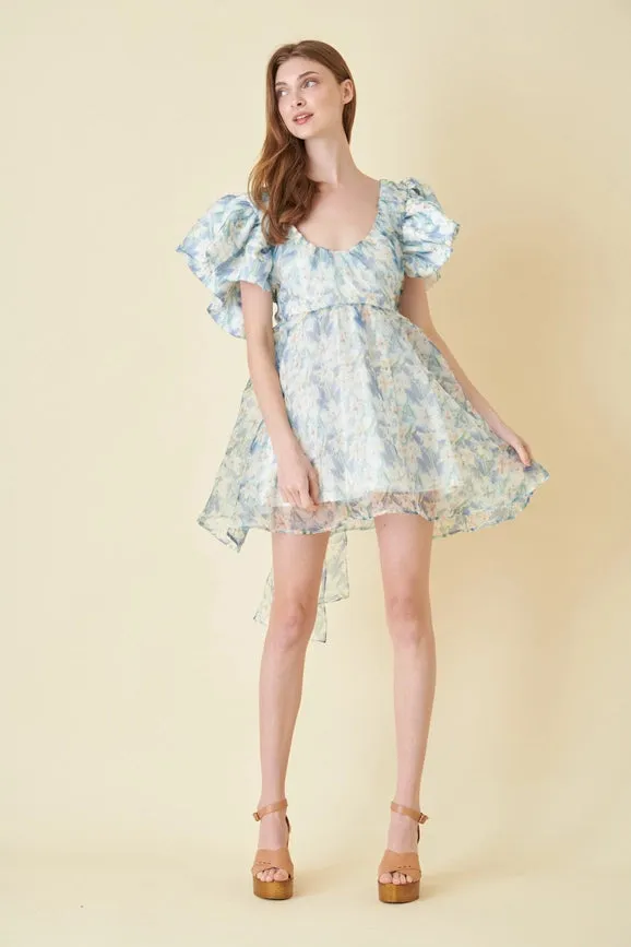 Watercolor Floral Organza Bow Tie Mini DRESS