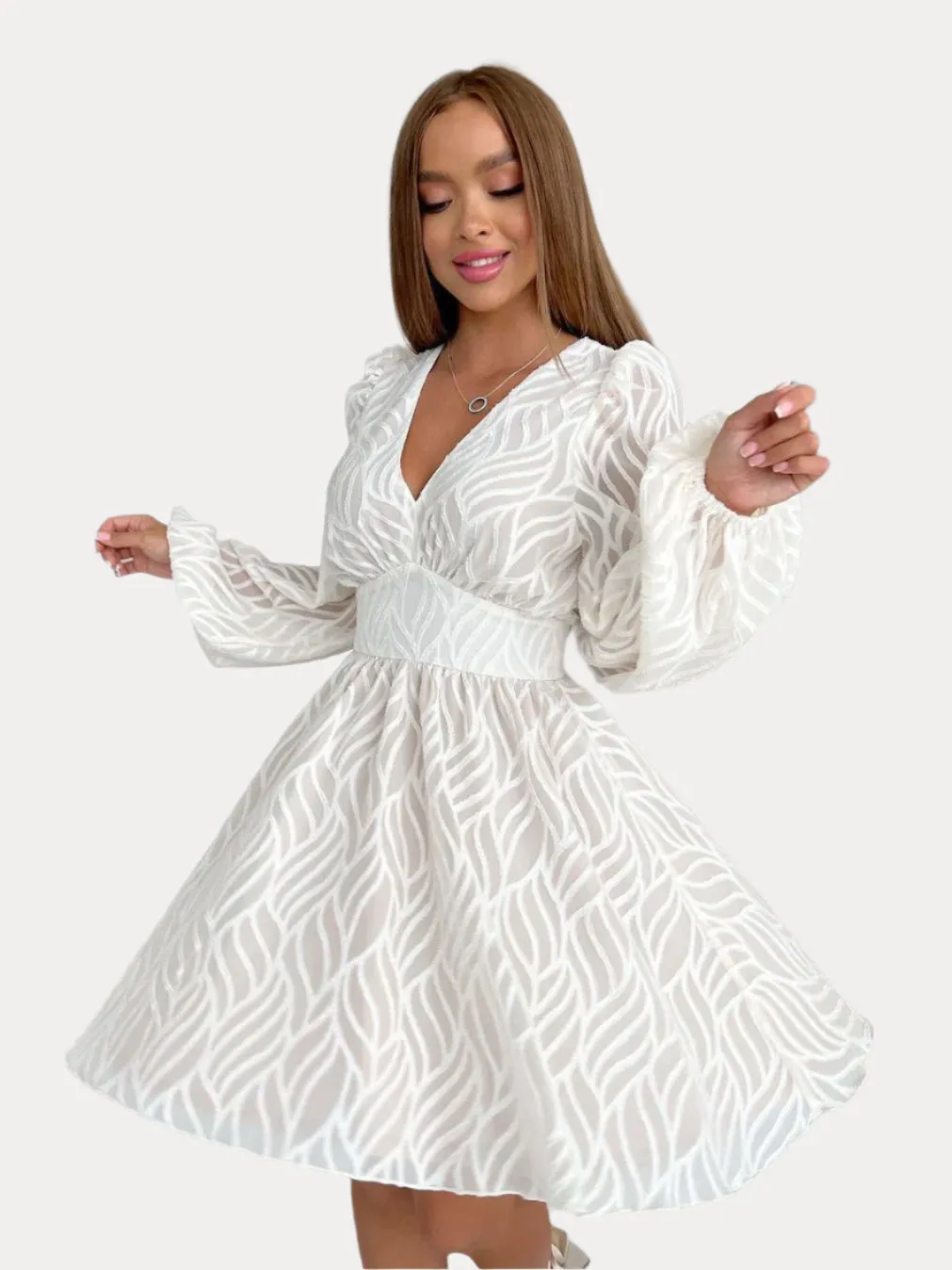 White Hollow Jacquard Lantern Sleeve Dress