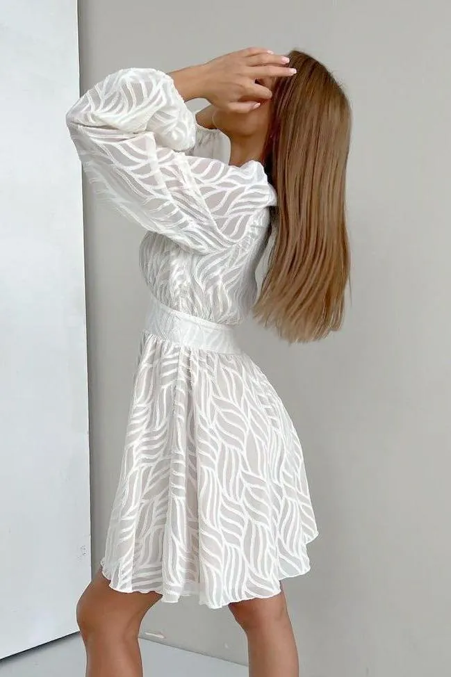 White Hollow Jacquard Lantern Sleeve Dress