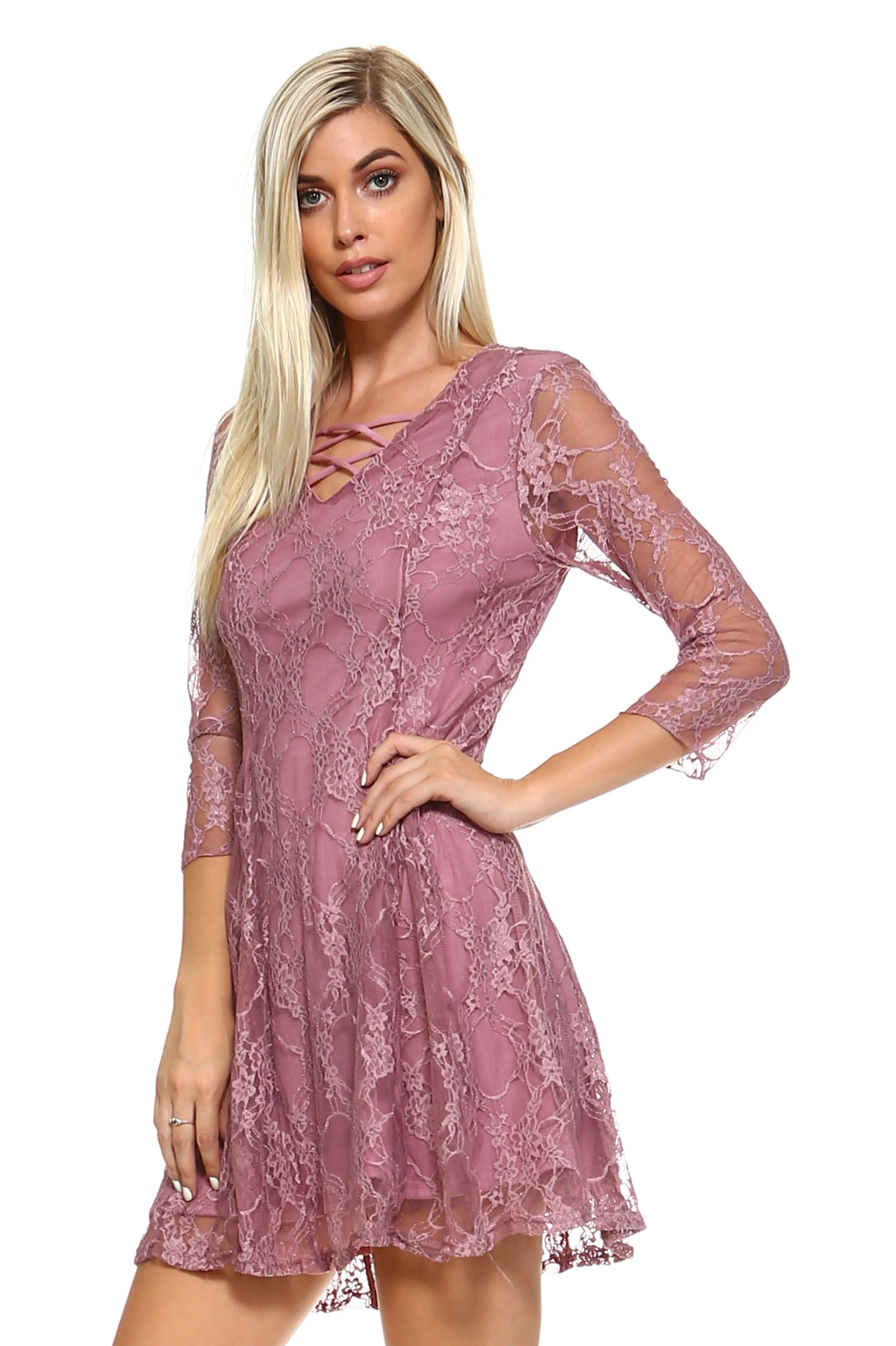 Women's 3/4 Three Quarter Sleeved Lace Dress