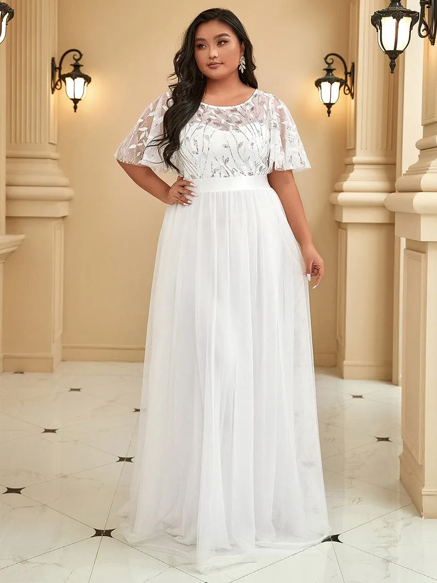 Women's A-Line Short Sleeve Embroidery Floor Length Wedding Dresses