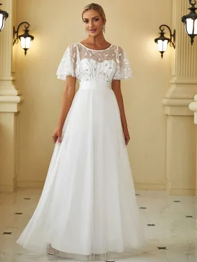 Women's A-Line Short Sleeve Embroidery Floor Length Wedding Dresses