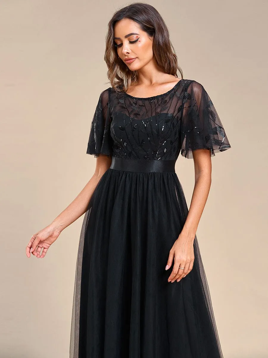 Women's A-Line Short Sleeve Embroidery Floor Length Wedding Dresses