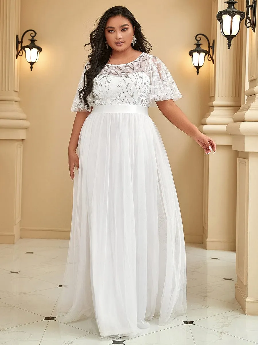 Women's A-Line Short Sleeve Embroidery Floor Length Wedding Dresses