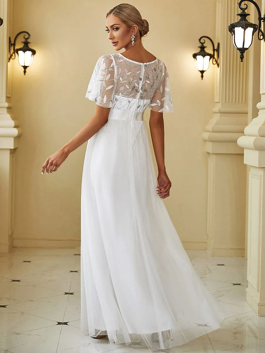 Women's A-Line Short Sleeve Embroidery Floor Length Wedding Dresses