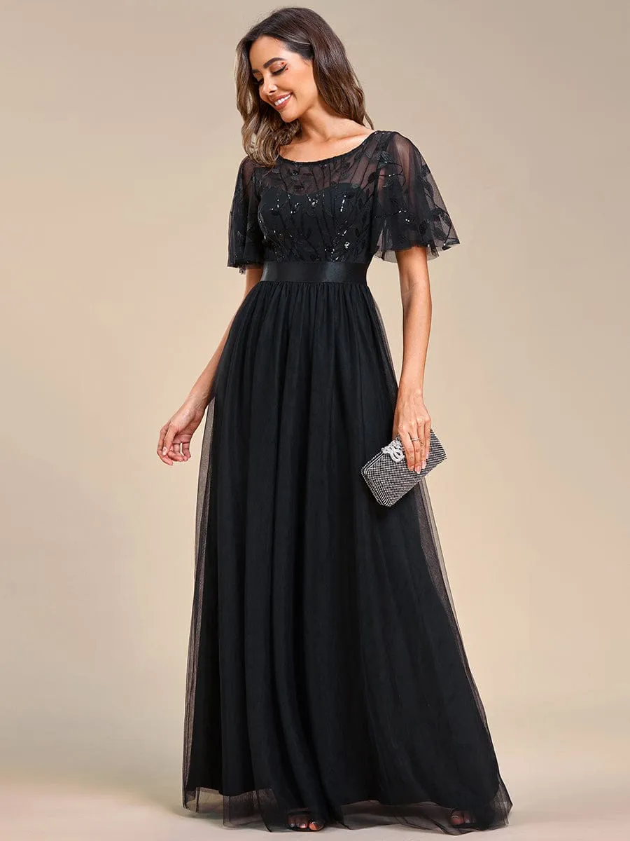 Women's A-Line Short Sleeve Embroidery Floor Length Wedding Dresses