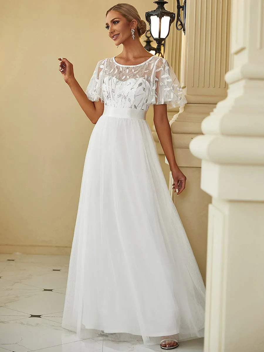 Women's A-Line Short Sleeve Embroidery Floor Length Wedding Dresses