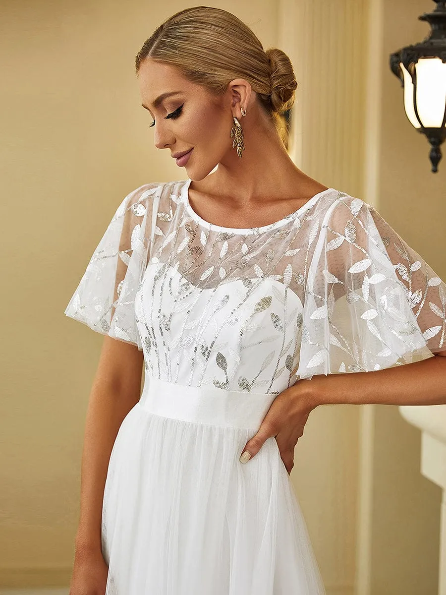 Women's A-Line Short Sleeve Embroidery Floor Length Wedding Dresses