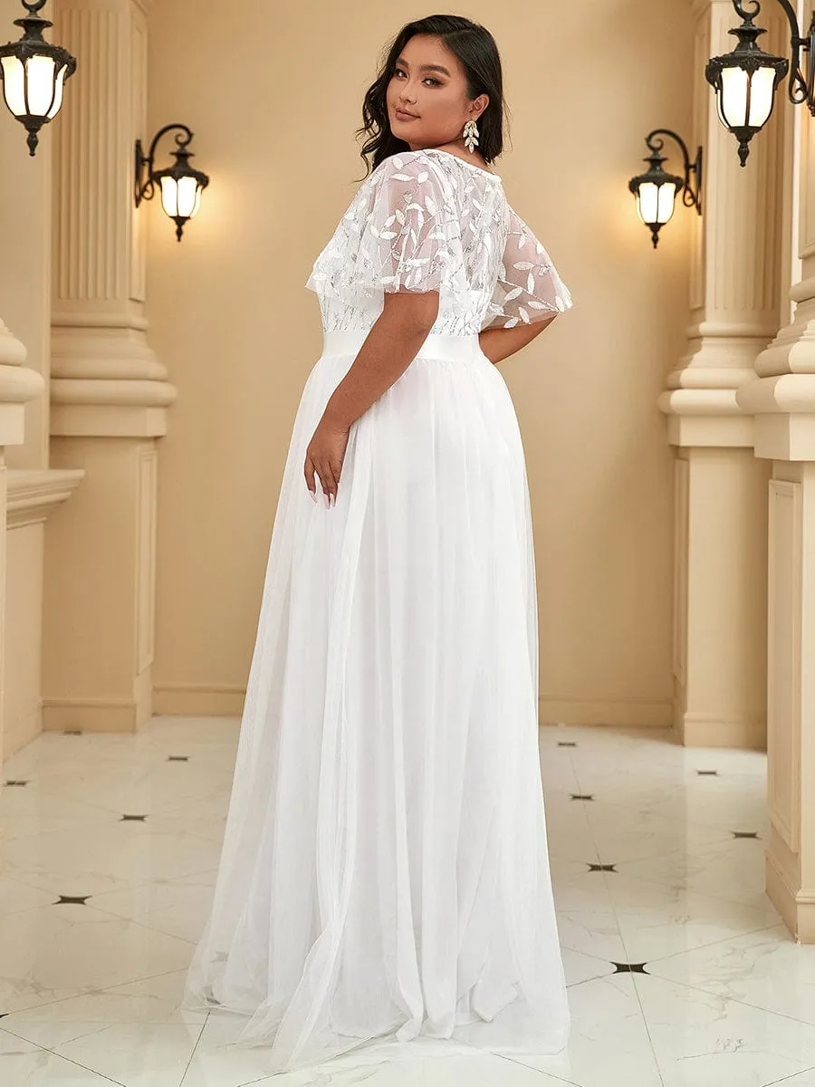 Women's A-Line Short Sleeve Embroidery Floor Length Wedding Dresses